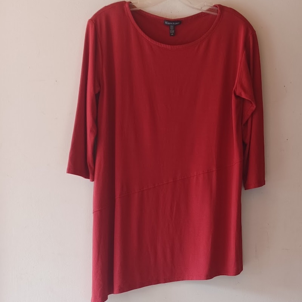 Eileen Fisher Jersey Tunic Top Women 3/4 Sleeve Red Asymmetrical Hem Size S EUC